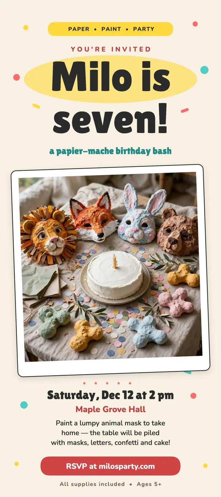 Milo's papier-mache birthday rack card template