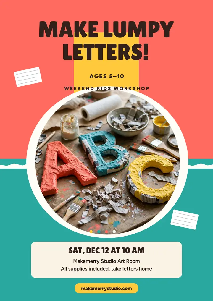 Makemerry papier-mache workshop flyer: kids craft workshop flyer template