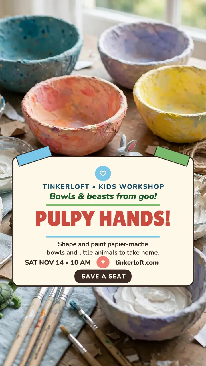 Pulpy Hands papier-mache kids workshop story: kids craft workshop story template