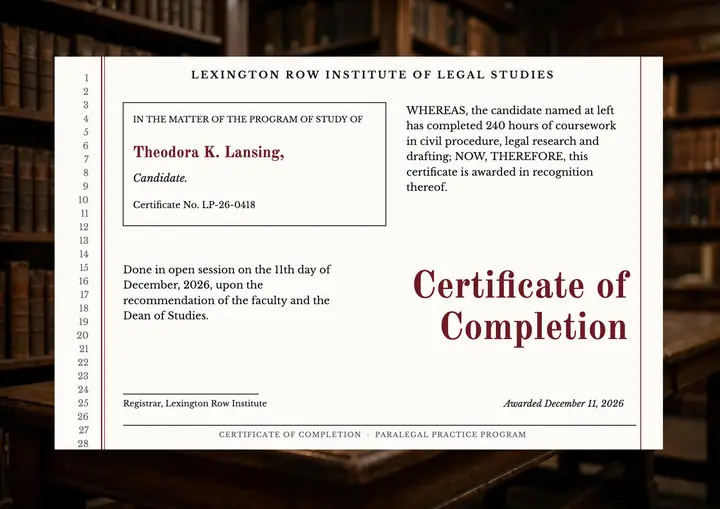 Lexington Row paralegal completion certificate: paralegal certificate template