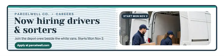 Parcelwell hiring banner, envelope window template