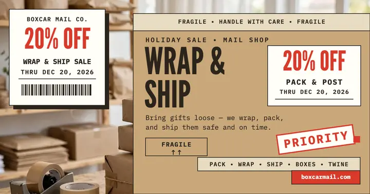 Boxcar Mail holiday wrap and ship sale template