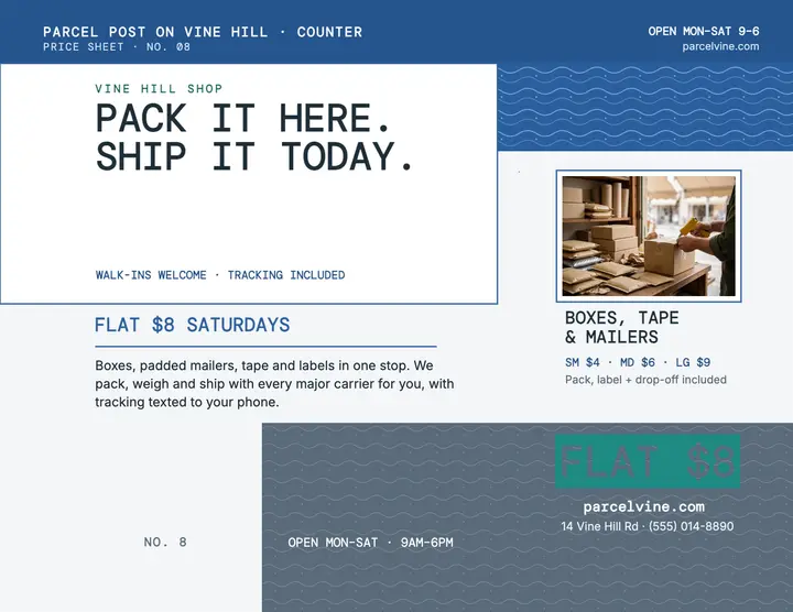 Parcel Post on Vine Hill price sheet template