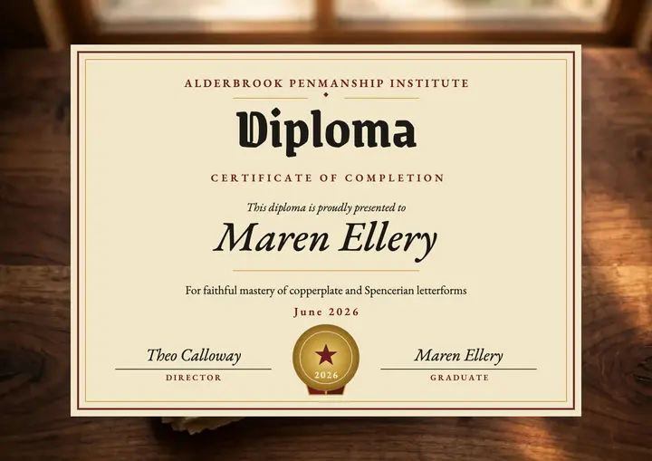 Alderbrook penmanship diploma certificate: penmanship diploma certificate template