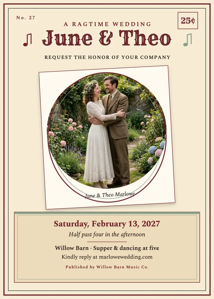 June and Theo ragtime wedding invitation template