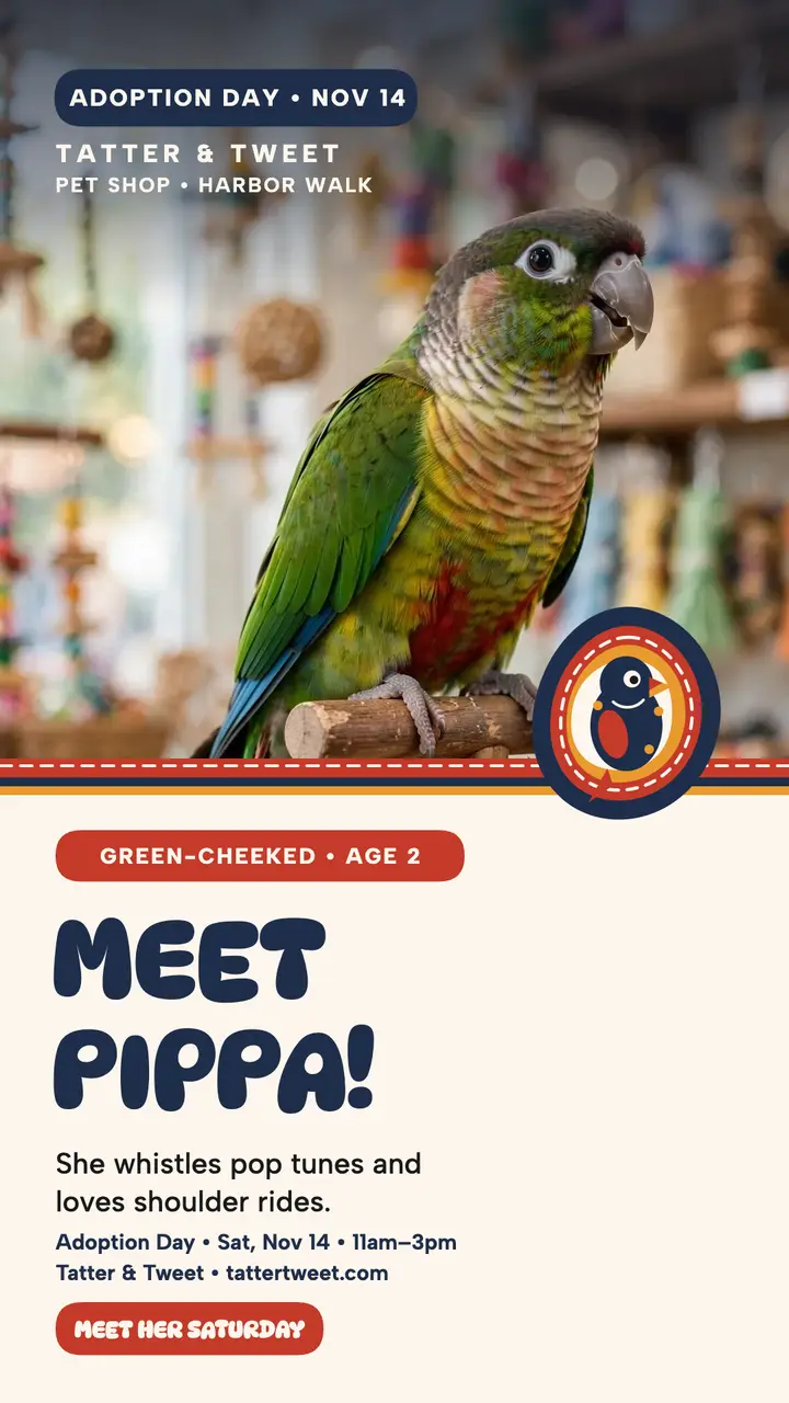 Pippa parrot adoption story, Tatter and Tweet template