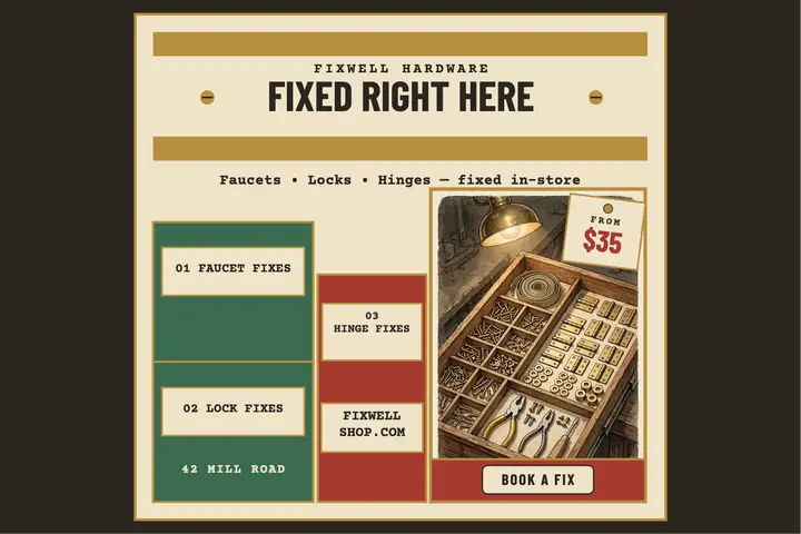 Fixwell Hardware parts drawers postcard template