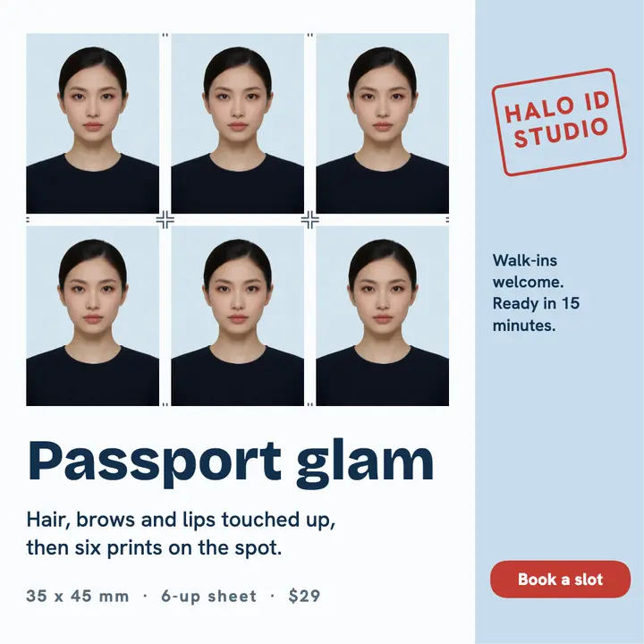 Halo ID passport glam post: passport photo glam studio post template