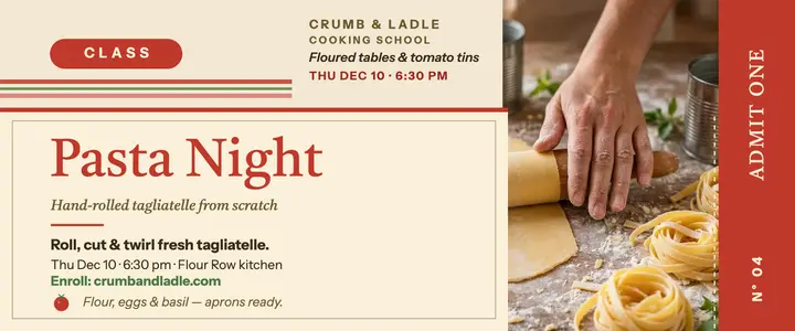 Crumb and Ladle pasta night class ticket: pasta class ticket template