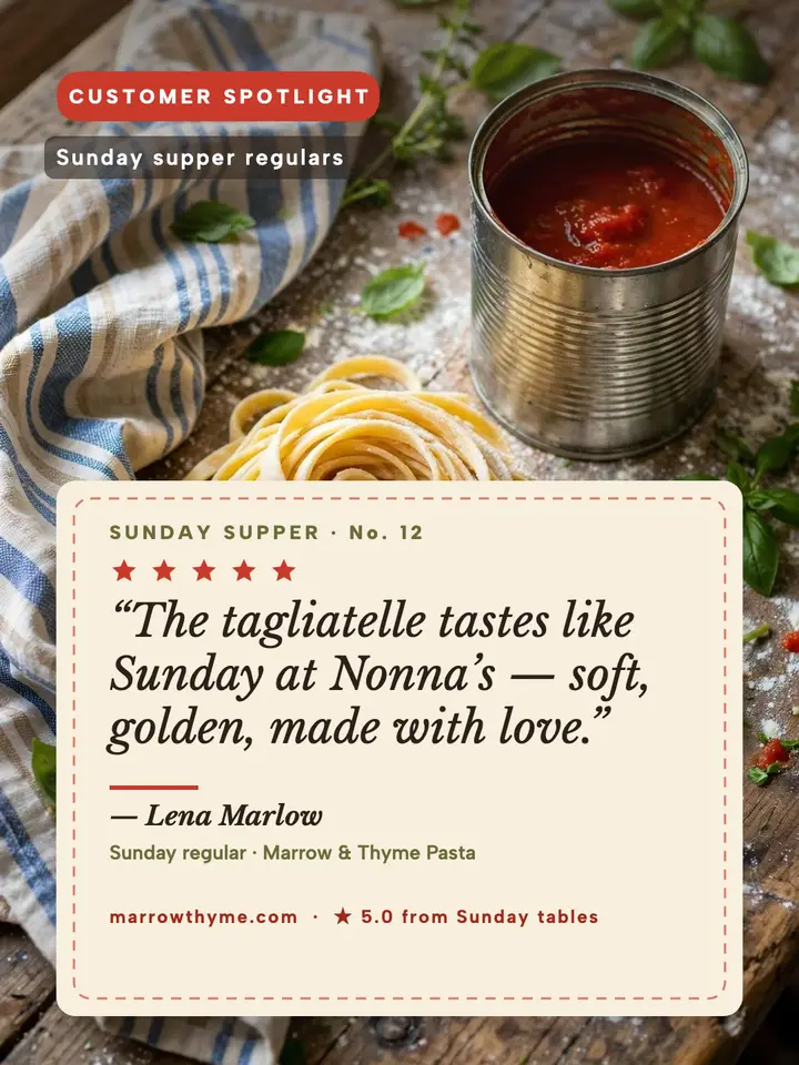Marrow and Thyme Sunday review card: pasta shop review card template