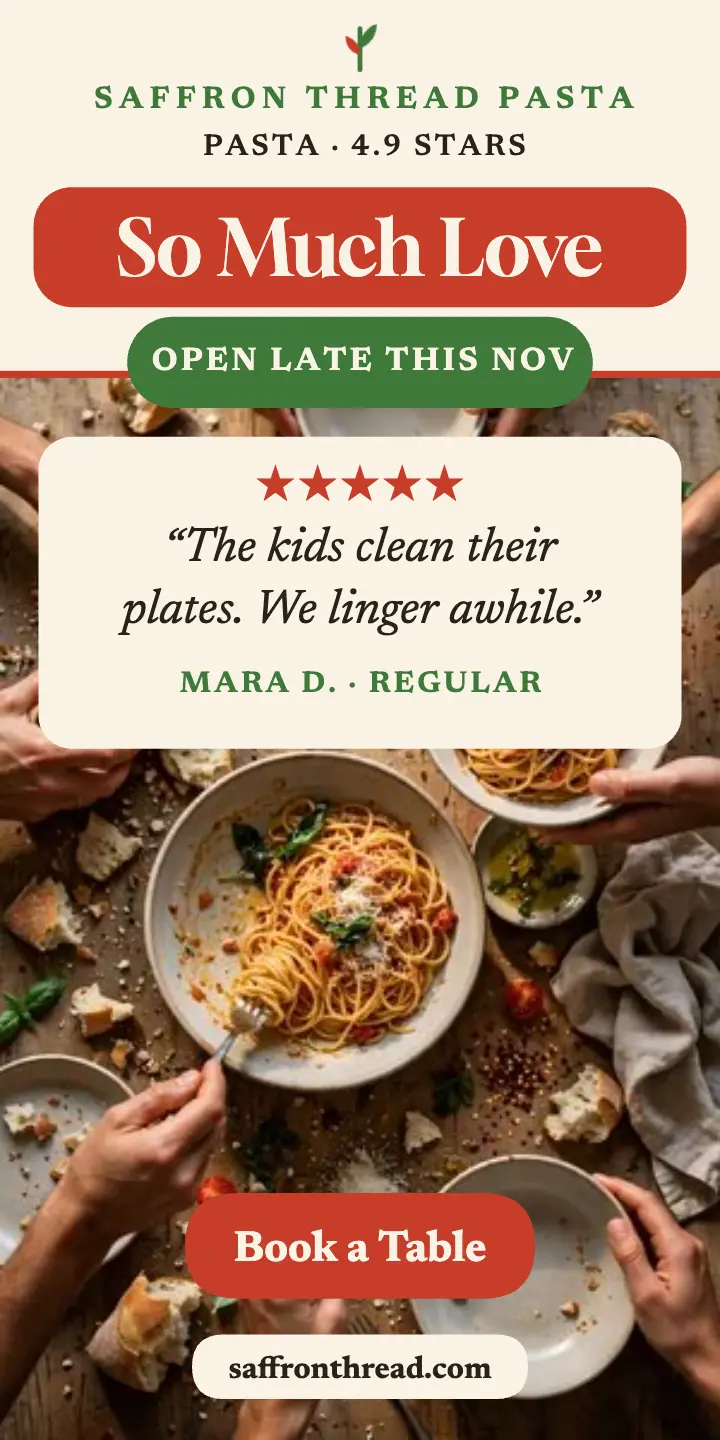 Saffron Thread pasta review half page ad template