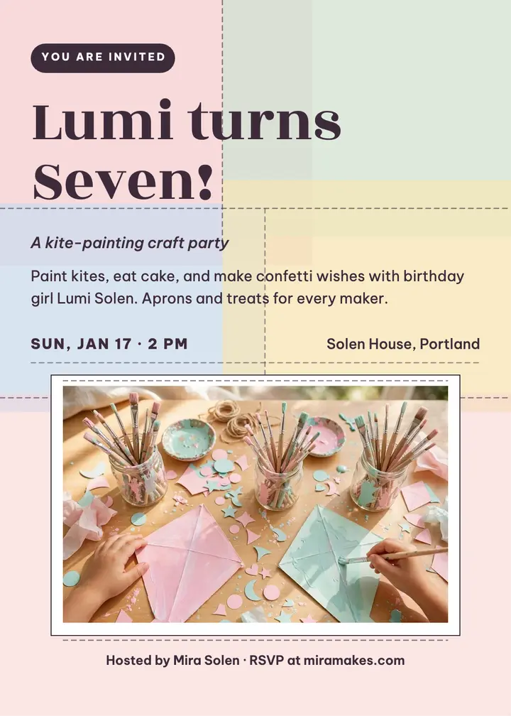 Lumi's seventh craft party bojagi invitation: birthday invitation template