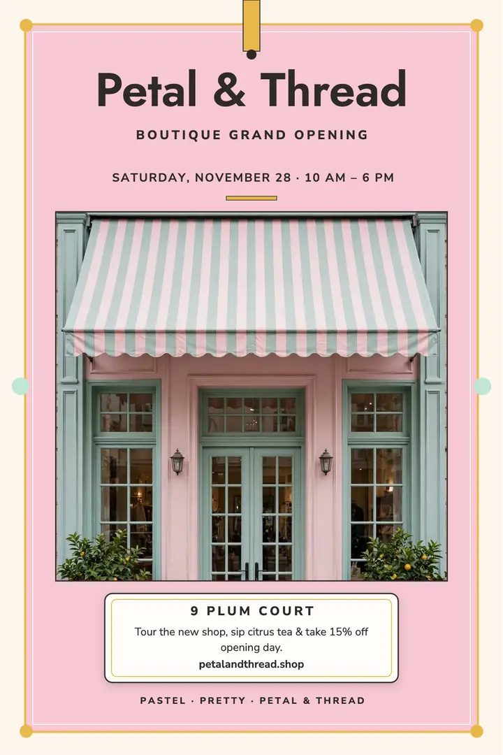 Petal and Thread pastel boutique opening poster template