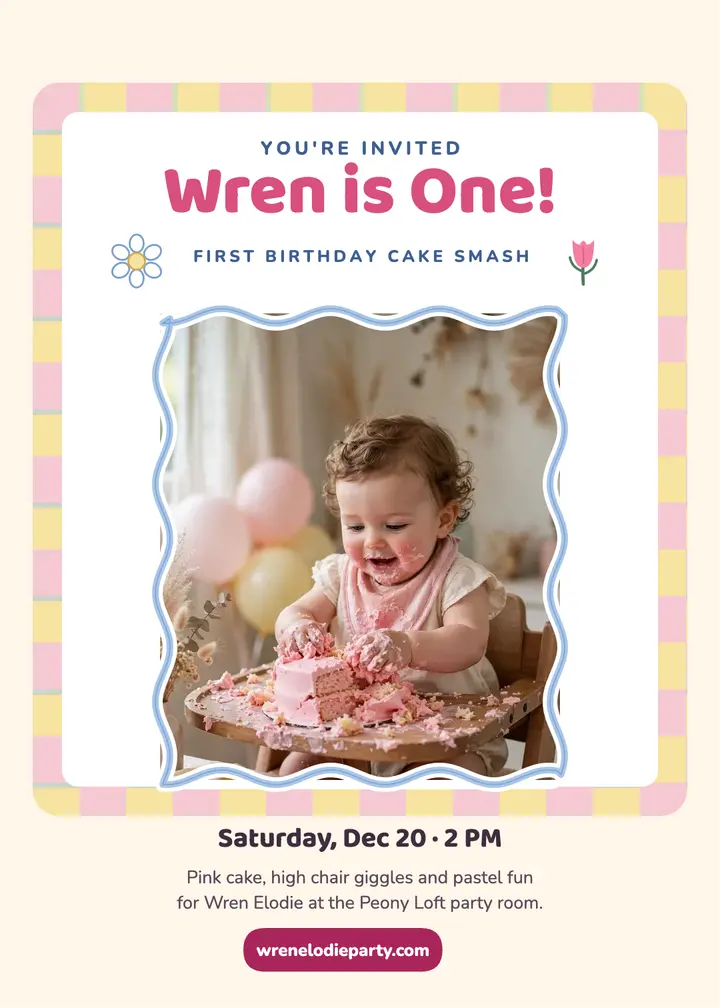 Wren's pastel cake smash first birthday: first birthday invitation template