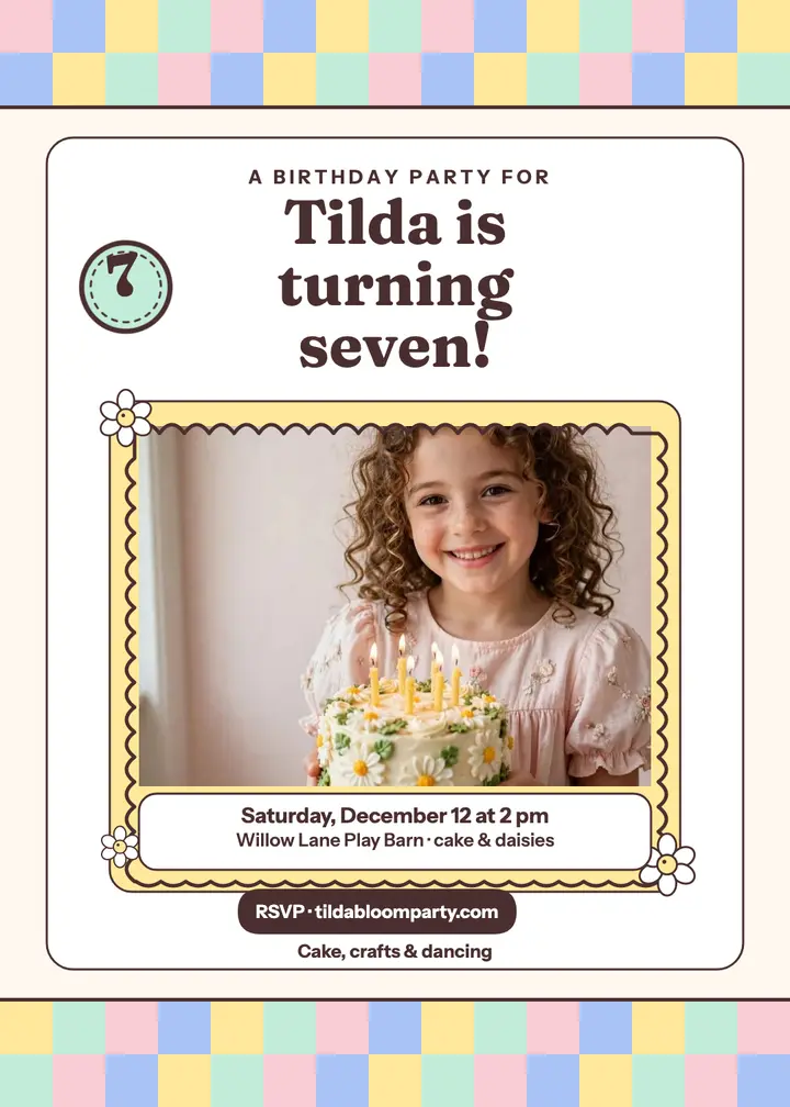 Tilda Bloom pastel checker birthday invite template