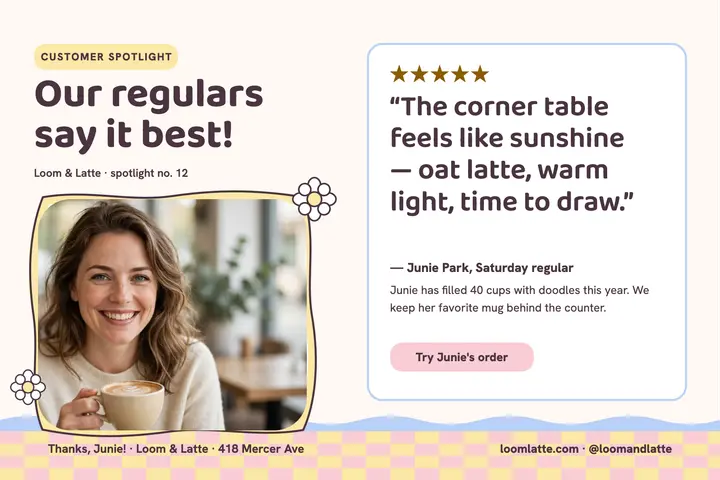 Loom and Latte customer spotlight postcard template