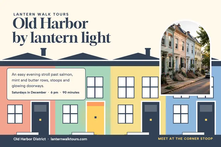 Old Harbor lantern walk row house card: walking tour postcard template