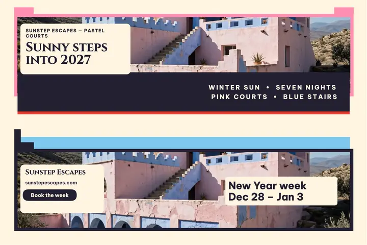 Sunstep Escapes sunny New Year postcard template