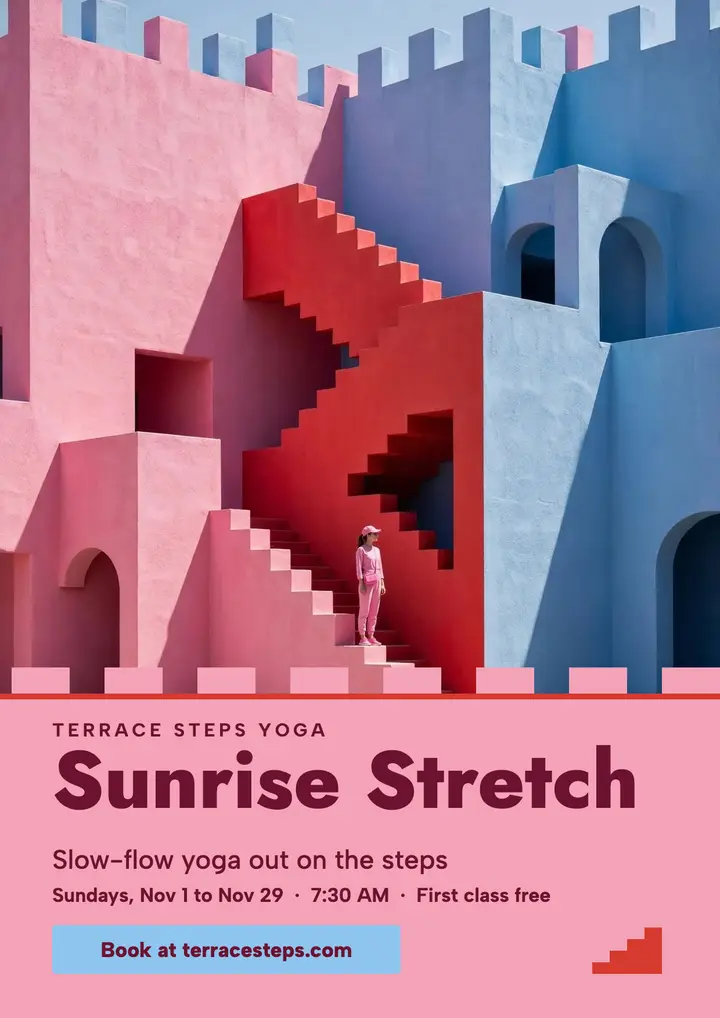 Sunrise Stretch yoga flyer on pastel steps template