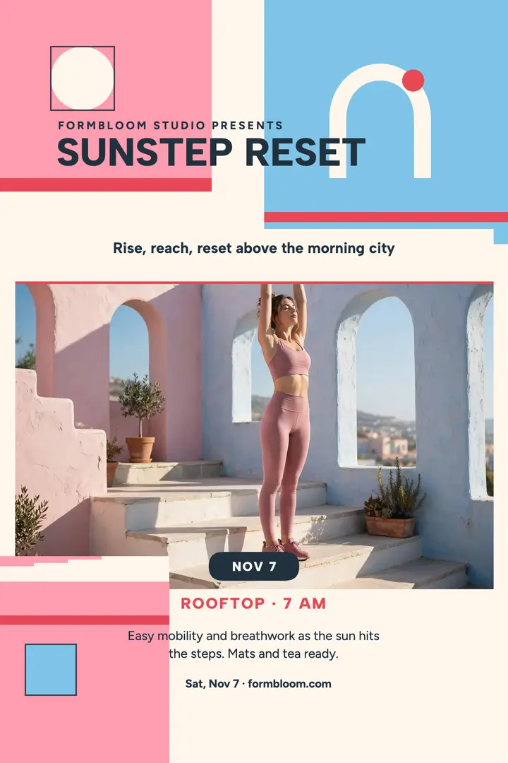 Sunstep Reset rooftop stretch poster: wellness stretch poster template