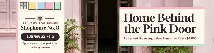 Bellamy Row pink door shophouse banner template