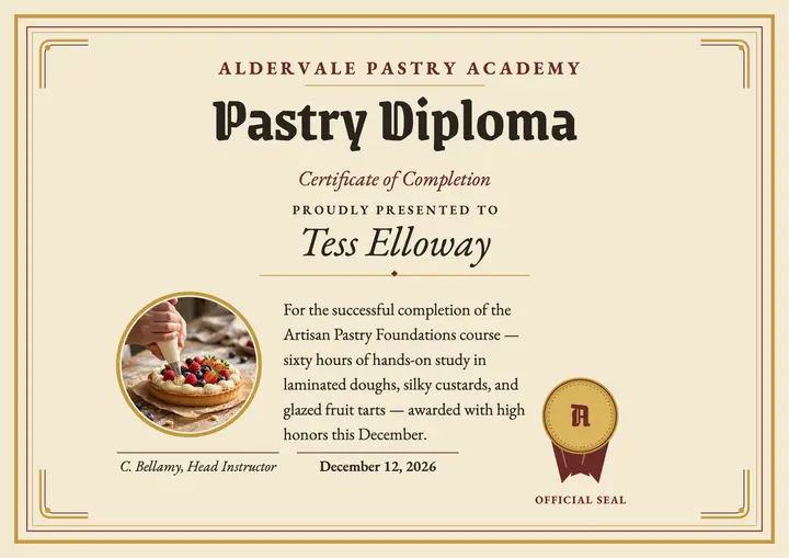 Aldervale Pastry Academy diploma template
