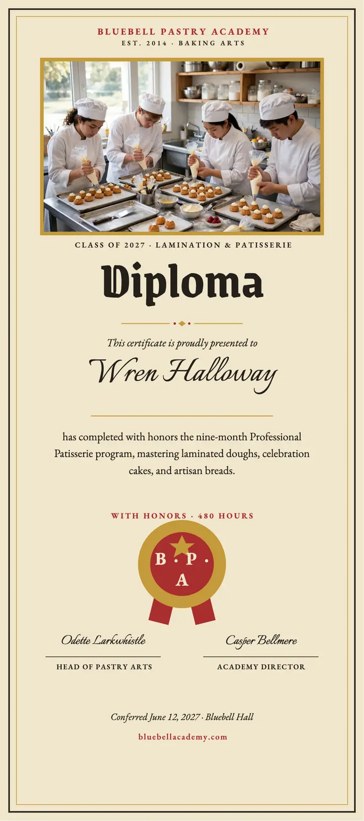 Bluebell Pastry Academy diploma, graduating class template