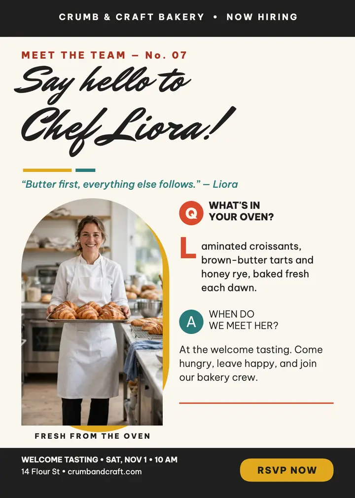 Crumb and Craft pastry chef welcome: chef welcome invitation template