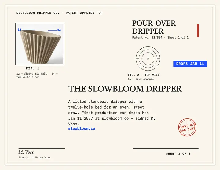Slowbloom dripper patent launch flyer: coffee dripper launch flyer template