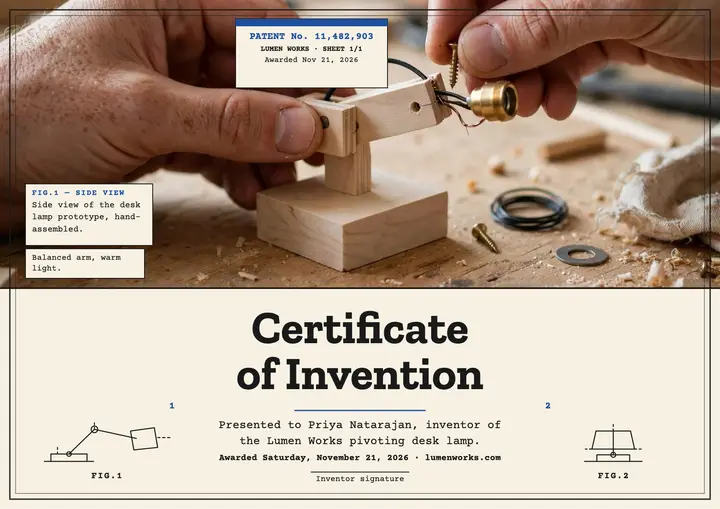 Lumen Works inventor certificate, patent style template