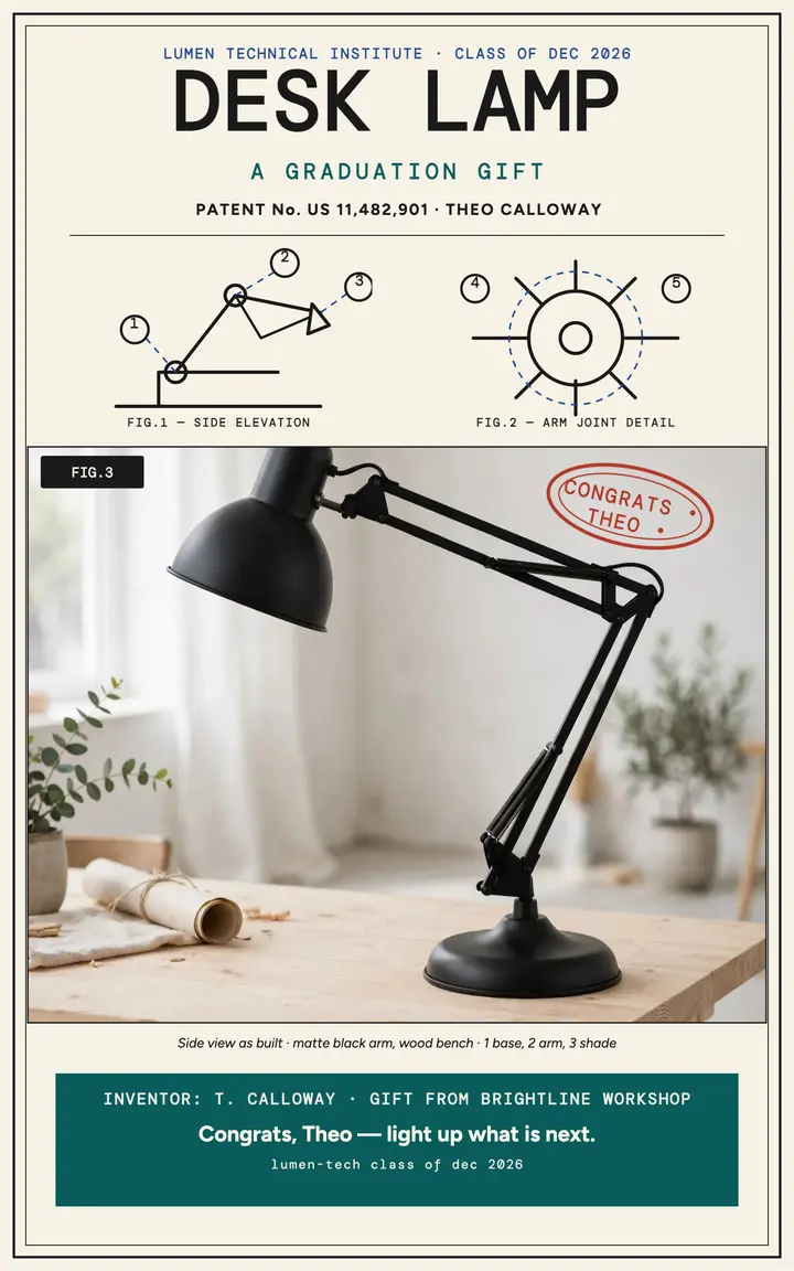 Theo Calloway desk lamp patent gift cover template