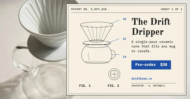 Drift Dripper launch post in patent drawing style: product launch post template