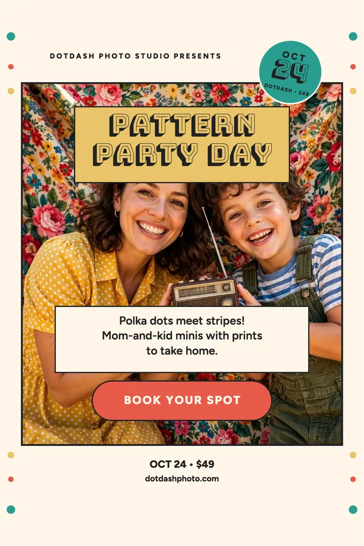 Pattern Party mini sessions portrait poster: family portrait day poster template