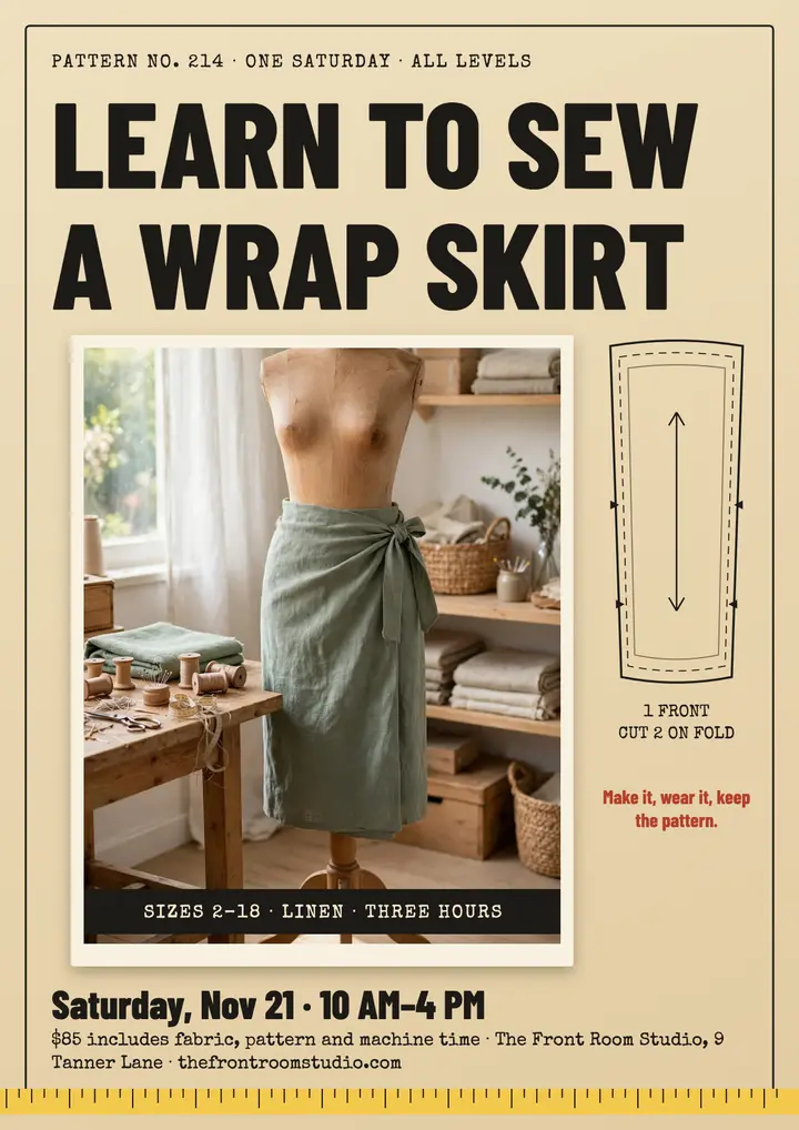 Learn to sew a wrap skirt class flyer, The Front Room Studio template