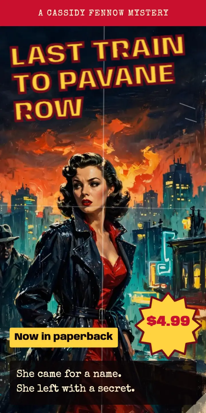 Last Train to Pavane Row paperback ad, pulp cover template