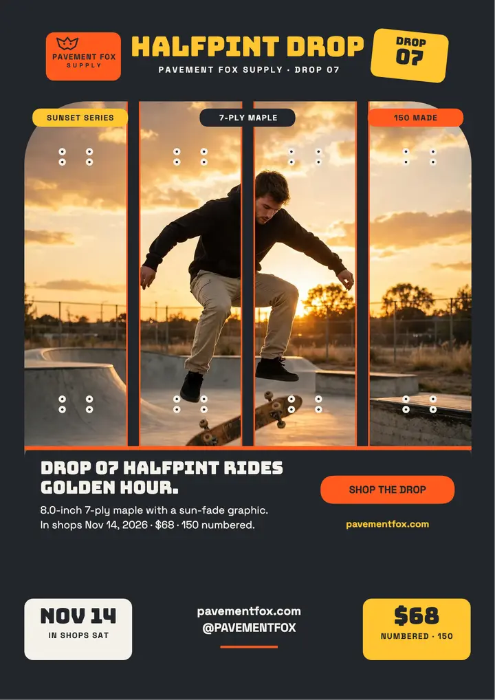 Pavement Fox deck drop flyer: skateboard deck drop flyer template