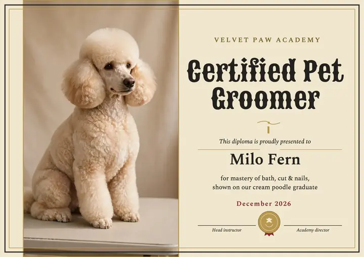 Velvet Paw Academy groomer diploma template