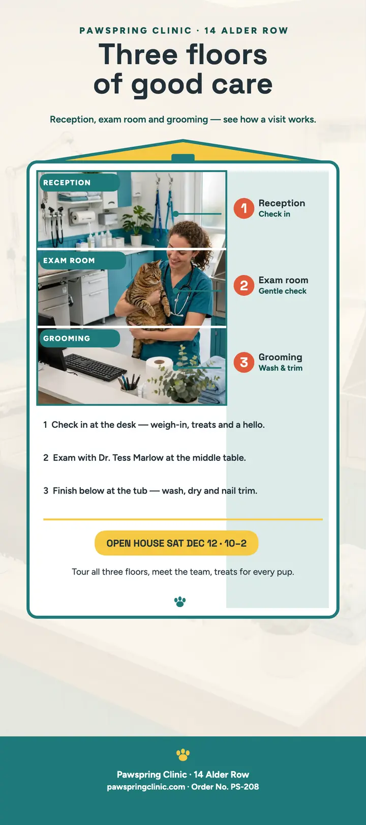 Pawspring Clinic cutaway visit rack card: vet clinic visit card template