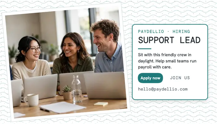 Paydellio support lead hiring card: payroll hiring card template