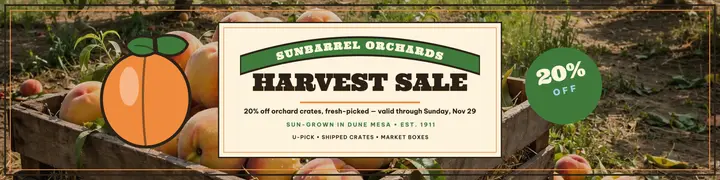 Sunbarrel peach harvest crate sale banner: orchard sale banner template