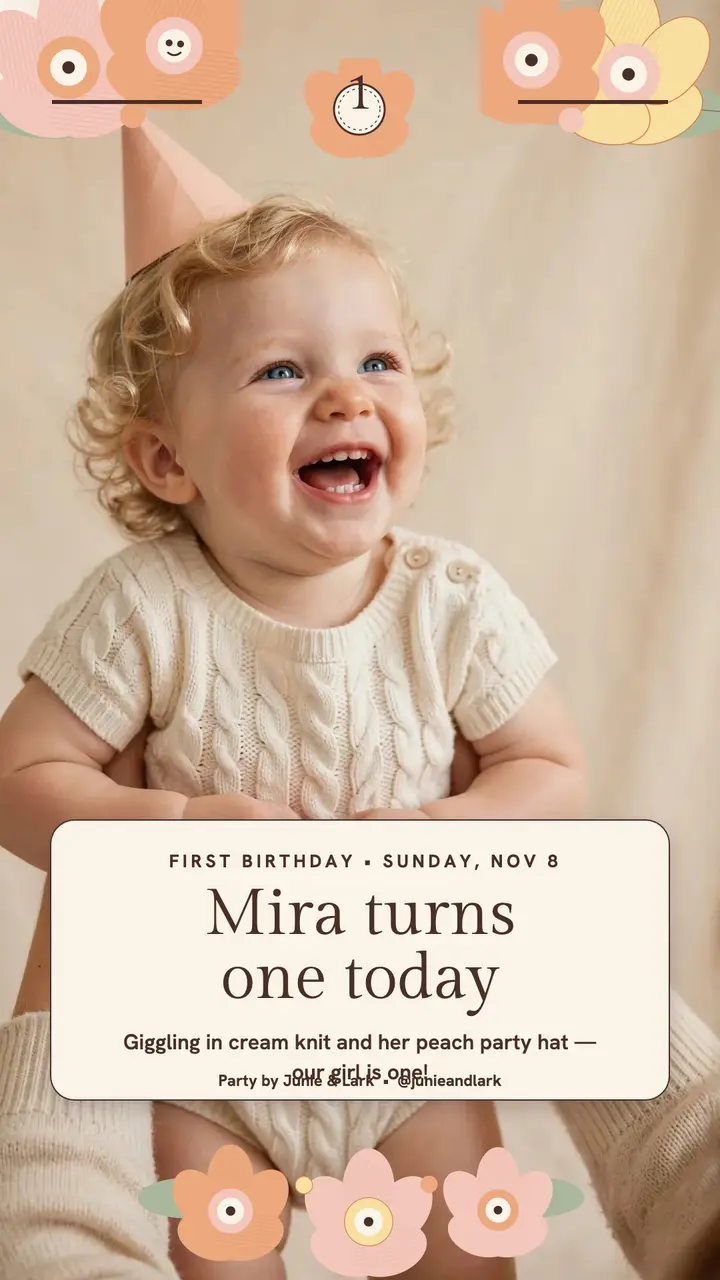 Mira turns one blush birthday story: first birthday story template