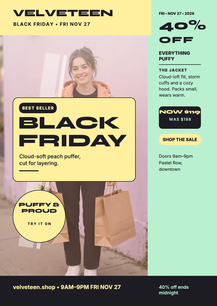 Velveteen Black Friday peach puffer flyer template