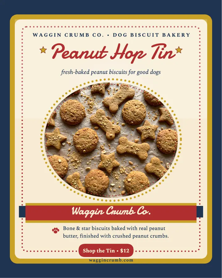 Waggin Crumb peanut tin post: dog biscuit tin post template