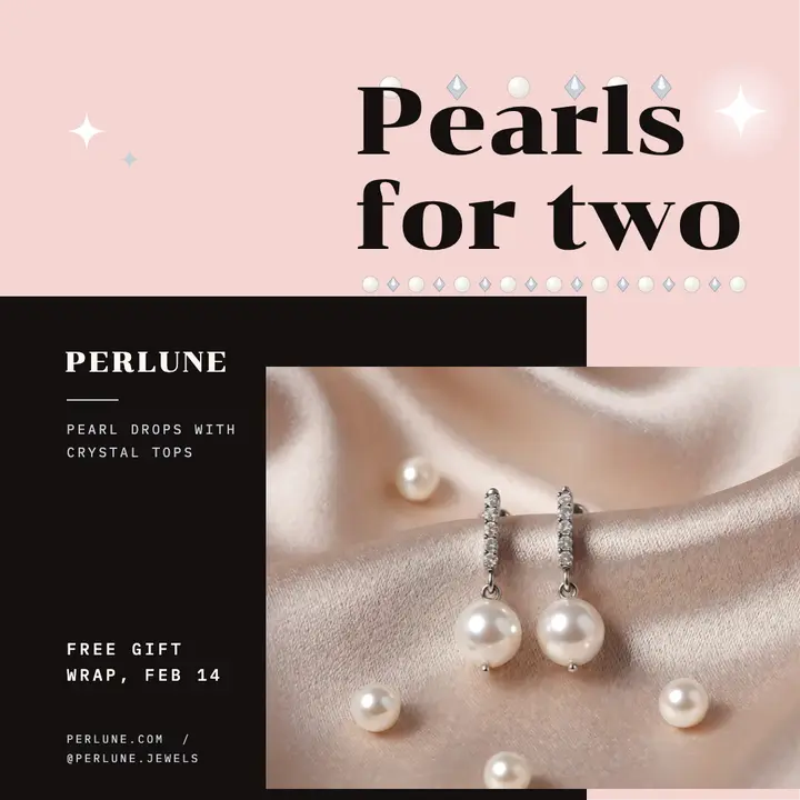 Pearl earrings Valentine's gift square post, bejeweled serif template