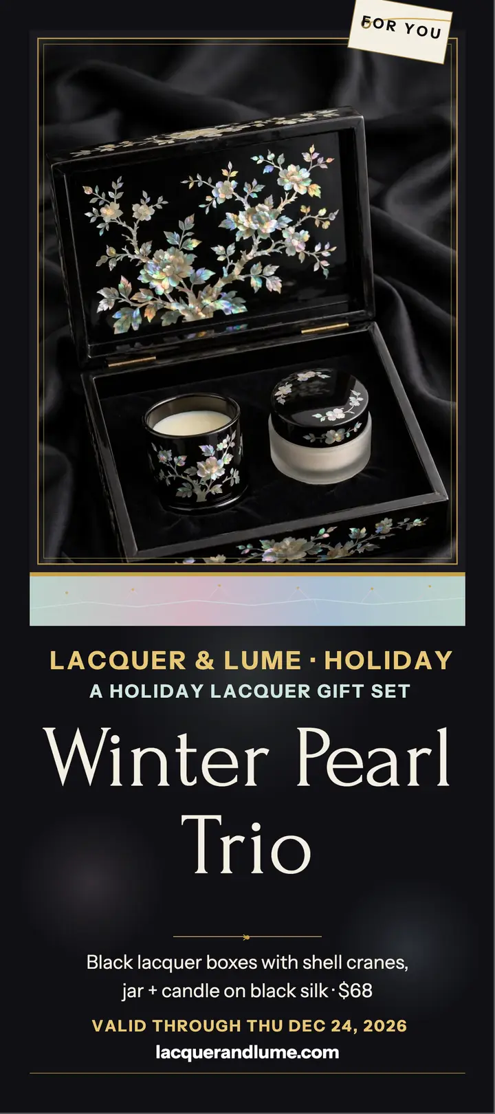 Winter Pearl lacquer gift rack card: holiday gift set card template
