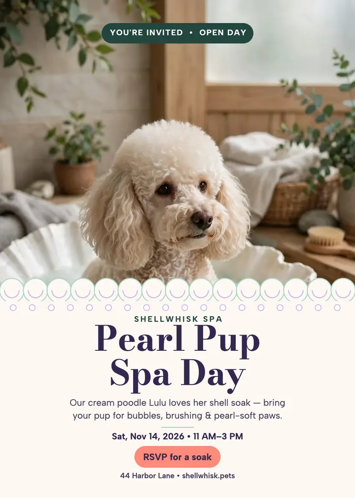 Shellwhisk pearl pup spa day invitation: pearl dog spa invitation template