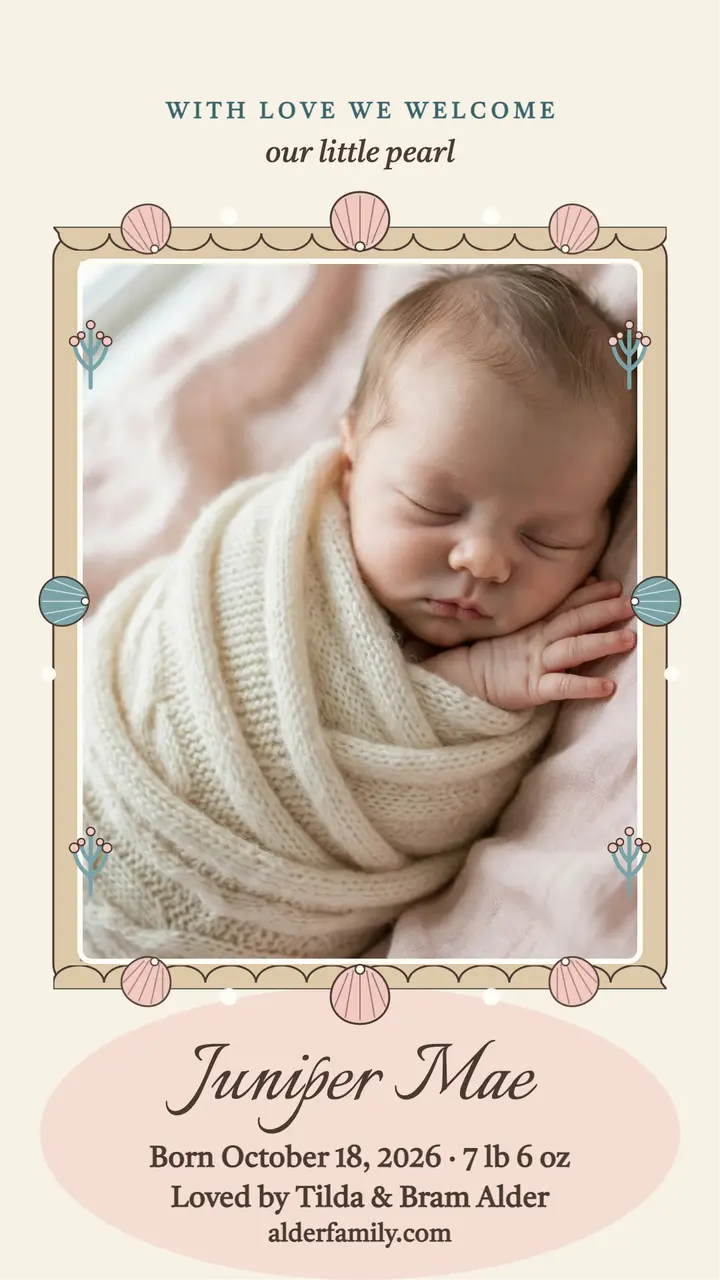 Juniper Mae shell grotto announcement template