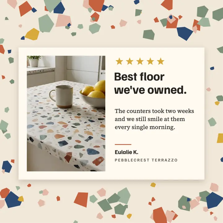Terrazzo counter customer review, chip pattern post: customer review post template
