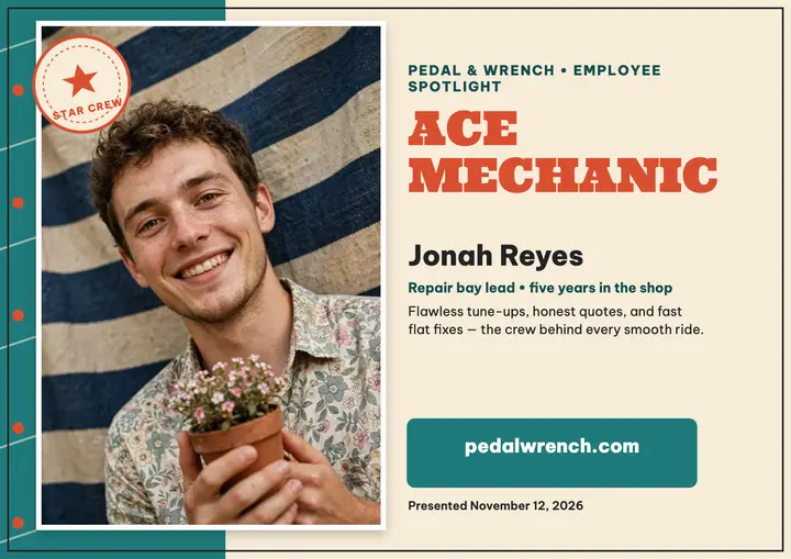 Pedal and Wrench mechanic spotlight certificate template