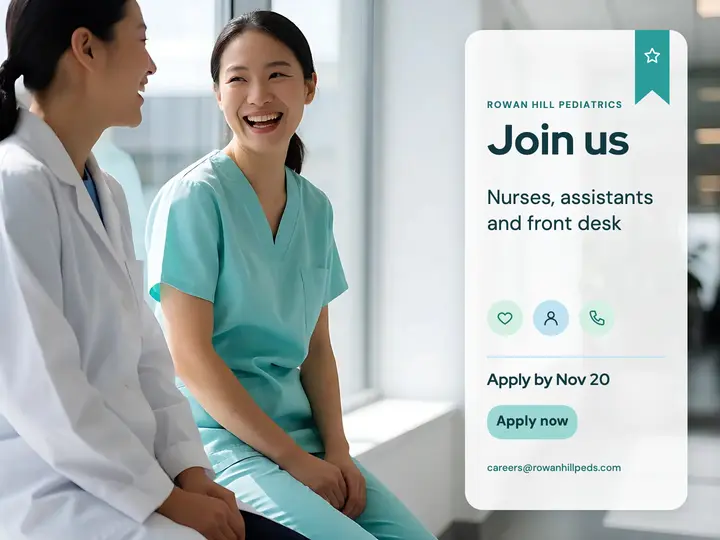 Rowan Hill Pediatrics hiring slide, clinical calm template